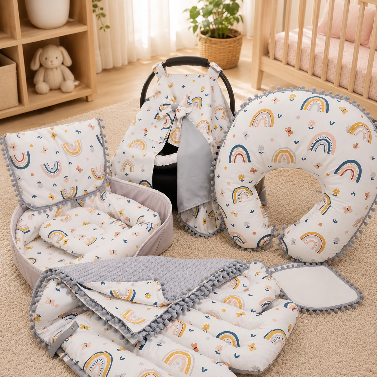 8 PARÇA GÖKKUŞAĞI DESENLİ ÇANTALI BABYNEST SET PONPONLU