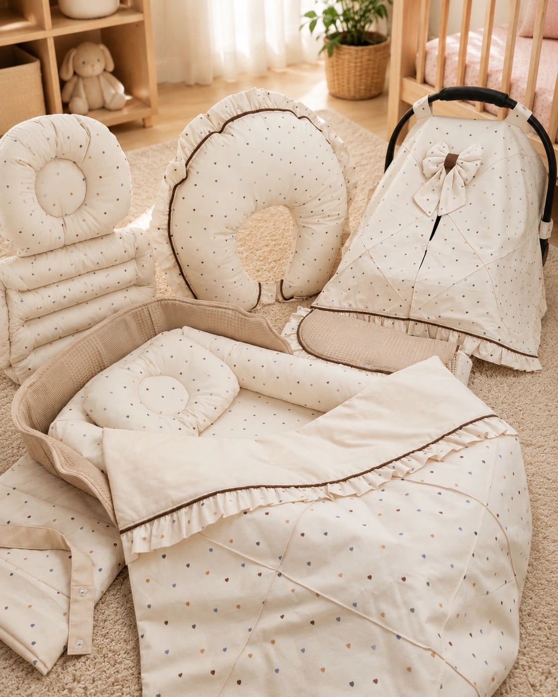 8 PARÇA MİNİK KALP DESENLİ ÇANTALI BABYNEST SET